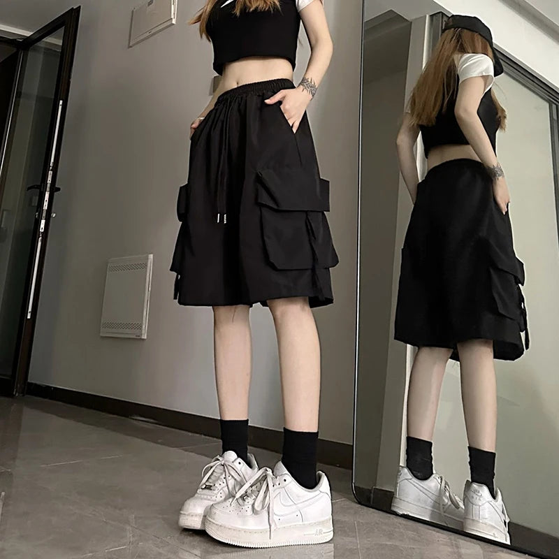Women High Waist Cargo Shorts, American Style Streetwear, Summer Wide Leg Pants, Fashion Female Big Pocket Loose Shorts New, ZOKI
