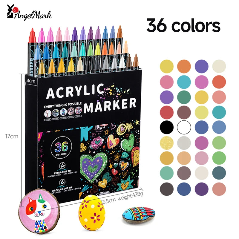 Acrylic Marker Pen, Double Headed Waterproof Art Painting Supplies, School Stationary, Graffiti Drawing 12-72 Colors, ANGEL MARK