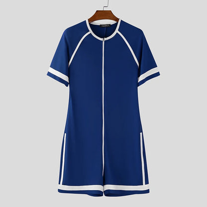 INCERUN Men Bodysuits Patchwork Zipper O-neck Short Sleeve Cozy Male Rompers Playsuits Workout 2025 Fashion Casual Bodysuit Men