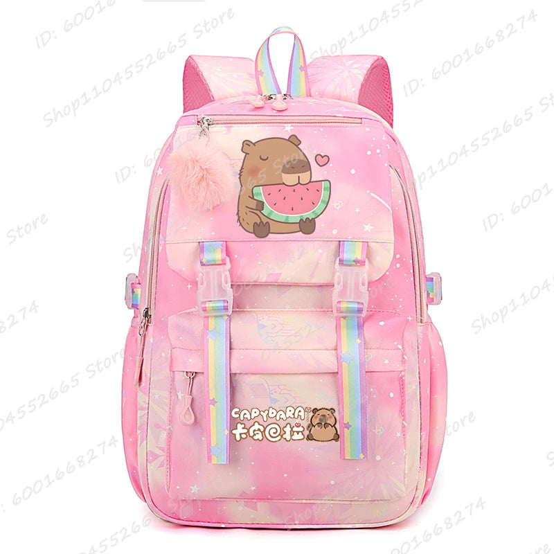 Capybara & Watermelon Graphic Print Schoolbags, Cute Cartoon Children Backpack, Girls Boys School Backpack, Capybara Lovers Bags