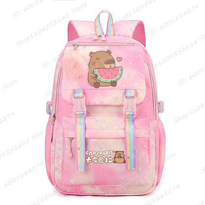 Capybara & Watermelon Graphic Print Schoolbags, Cute Cartoon Children Backpack, Girls Boys School Backpack, Capybara Lovers Bags
