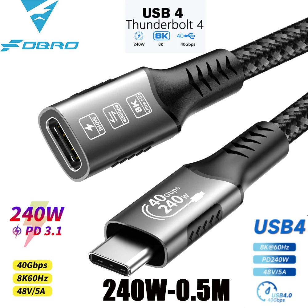 8K USB C 4 Extension Cable, Fast Charging Cable Extender, Male to Female Type C UHD Video 40Gbps 240W PD3.1 with Thunderbolt 4/3