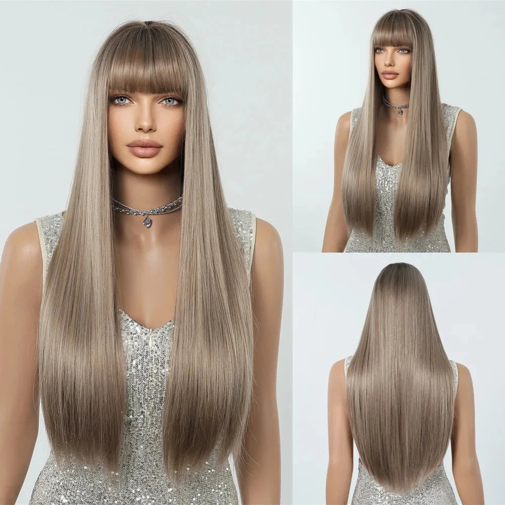 White Long Straight Synthetic Wigs for Women, Colorful Cosplay Party Fake Hair with Bangs, White Wig, HighTemperature Fiber, HENRY MARGU