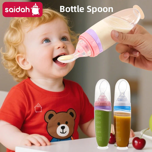 120 ml/4oz Infant Baby Liquid Silicone Food Squeeze Feeder | Fruit Puree & Rice Paste Dispenser | Detachable Spoon