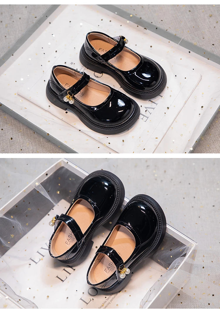 Girls' Chic Leather Princess Mary Janes with Pearl Pendant for Wedding Party, Back to School, Dress Flats (Sizes 26-36)