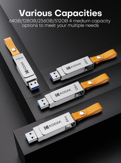 Kodak K133 USB 3.1 Flash Drive 64GB 128GB 256GB 512GB Read Speed 120MB/s Metal Body Leather Band USB3.1 Pen Drive for PC & HD-TV