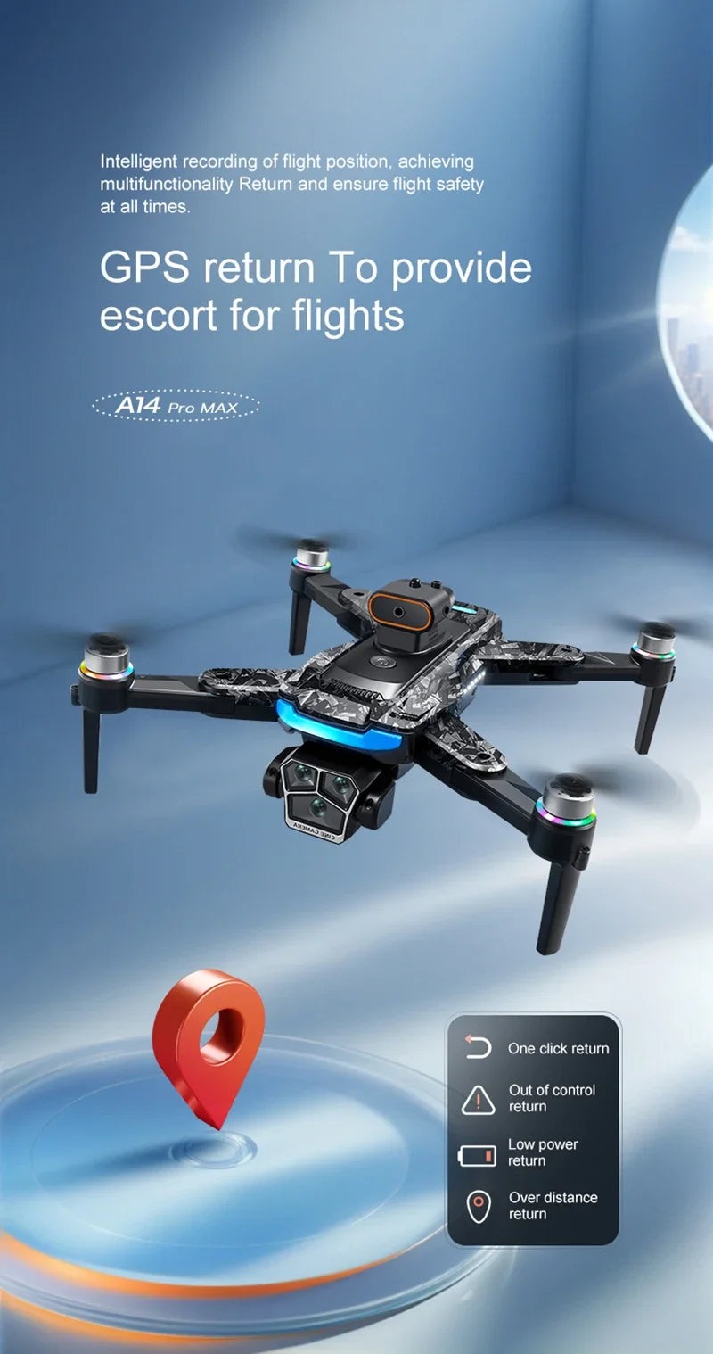 Drone A14Pro Max 8K HD Three Camera Brushless Optical Flow Obstacle Avoidance Foldable Quadcopter UAV 4.5-inch Large Screen Toys