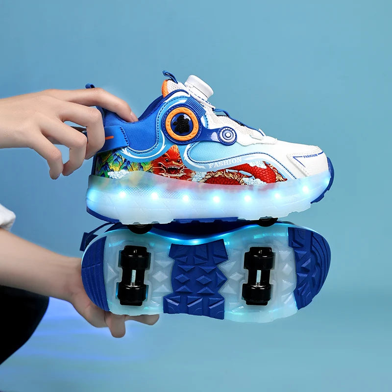 Children Four Wheels Luminous Glowing Sneakers Black Pink Led Light Roller Skate Shoes Kids Led Shoes Boys Girls USB Charging