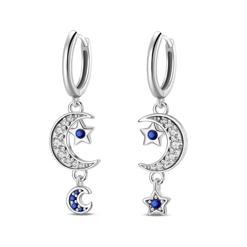 925 Sterling Silver Moon Universe Starry Sky Series Charm Earrings Women Blue Shiny Zircon Daily Wear Jewelry