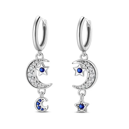 925 Sterling Silver Moon Universe Starry Sky Series Charm Earrings Women Blue Shiny Zircon Daily Wear Jewelry
