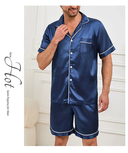 Men Satin Short Sleeve Pajama Set, Summer Sleepwear for Man, Button-Down Shirt & Elastic Waist Shorts, Pajamas Home Clothes, 2Piece