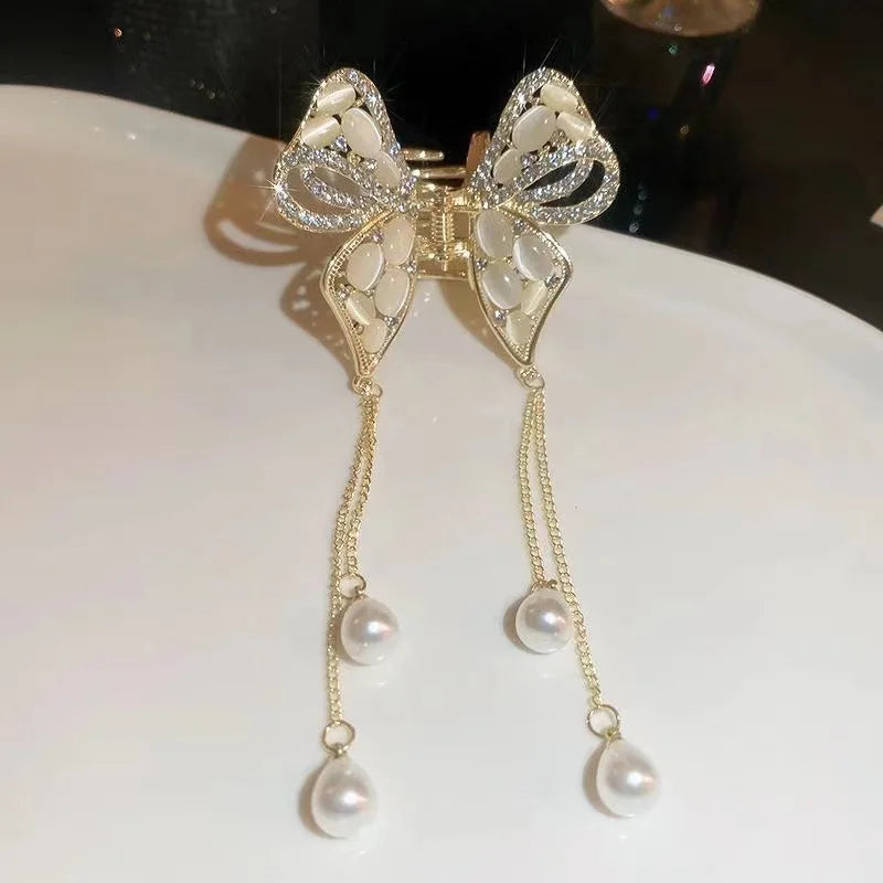 Glitter Shark Grip Clips Korean Style Sweet Romantic Hair Claws Butterfly Shape Girls Pearl Tassel Metal Jewelry Hair Accessory