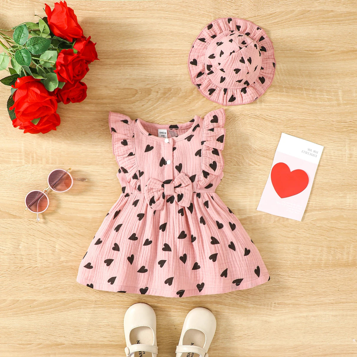 2Pcs, Dress Clothes Set, Newborn Baby Girl Love Print Sleeveless Dress With Hat Summer Fashion Cute Wear for Infant Girl 0-9Months