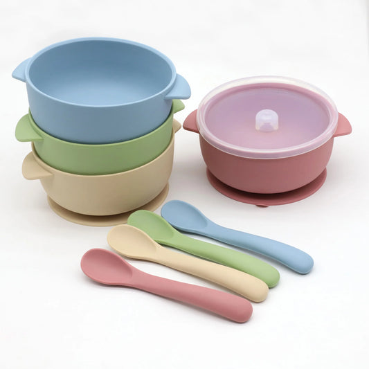 3-piece silicone bowl with lid, food spoon bowl with suction cup, strong suction set