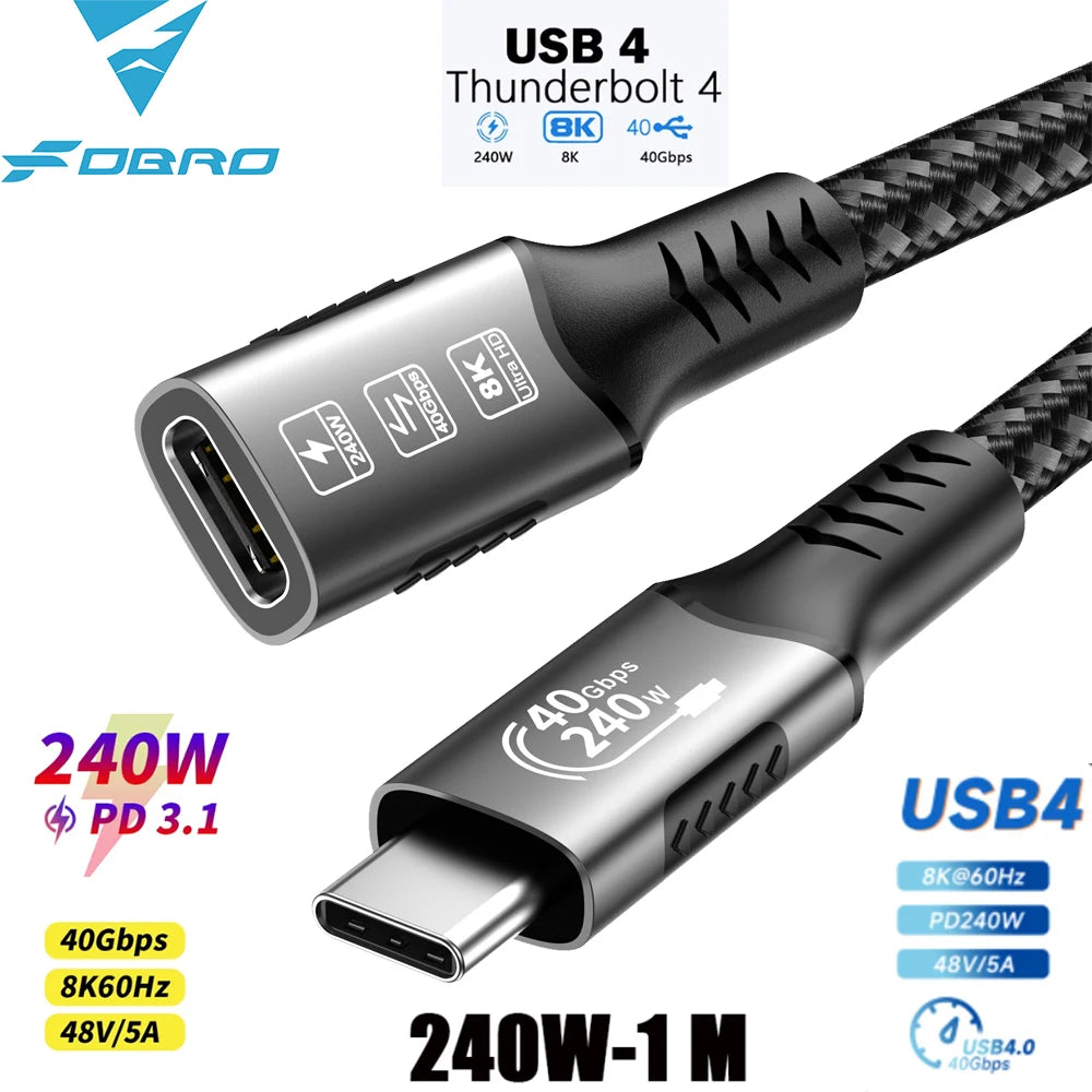 8K USB C 4 Extension Cable, Fast Charging Cable Extender, Male to Female Type C UHD Video 40Gbps 240W PD3.1 with Thunderbolt 4/3