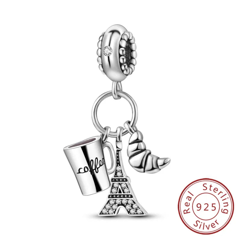 Dijes de plata de ley 925 originales, abalorios de cristal de vino, taza de café, dije colgante para pulseras de mujer, joyería DIY, regalo