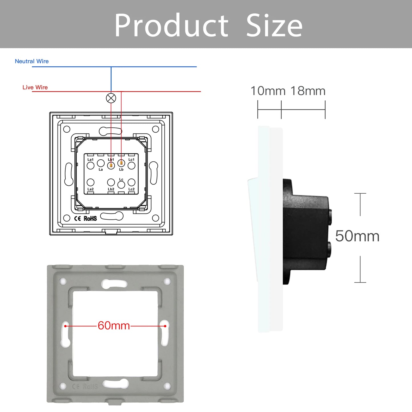 BSEED Mechanical Wall Light Push Switch 1/2Gang 1Way Automatic Rebound Switches Button With Glass Frame 250V