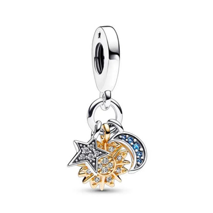 Blue Sparkling Zircon Star Moon Series Charms Beads Fit Original Bracelet Women DIY Pendant Accessories Jewelry 925 Silver Gifts