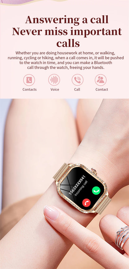 2026 New Fashion Women Diamond Smartwatch Heart Rate Blood Pressure Monitor Music Playback AI Voice Sports BT Calling SmartWatch