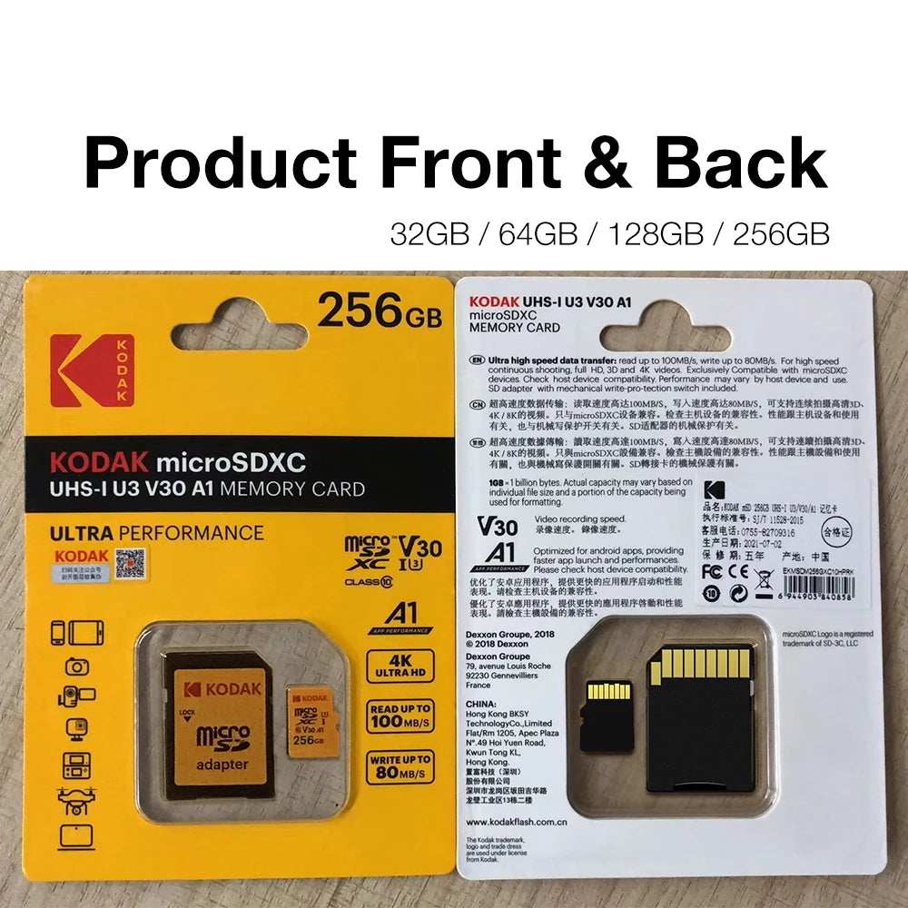 Original Kodak U3 A1 V30 MicroSD 128GB 32GB 64GB 256GB Class 10 Cards 32 64 128 256 GB Video Phone Memory Card