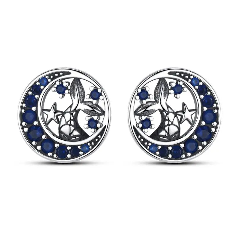 925 Sterling Silver Moon Universe Starry Sky Series Charm Earrings Women Blue Shiny Zircon Daily Wear Jewelry