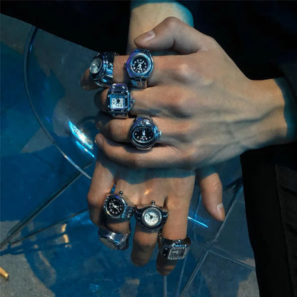 Vintage Punk Finger Watch, Mini Elastic Strap Alloy Watch, Couple Rings, Jewelry Clock, Retro Roman Quartz Watch Rings, For Women, For Men