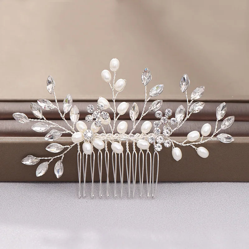 Crystal Pearl Hair Comb Clip Pin Alloy Leaf Hair Comb Handmade Headband Tiara For Women Bride Wedding Hair Accessories Jewelry