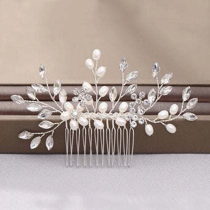 Crystal Pearl Hair Comb Clip Pin Alloy Leaf Hair Comb Handmade Headband Tiara For Women Bride Wedding Hair Accessories Jewelry