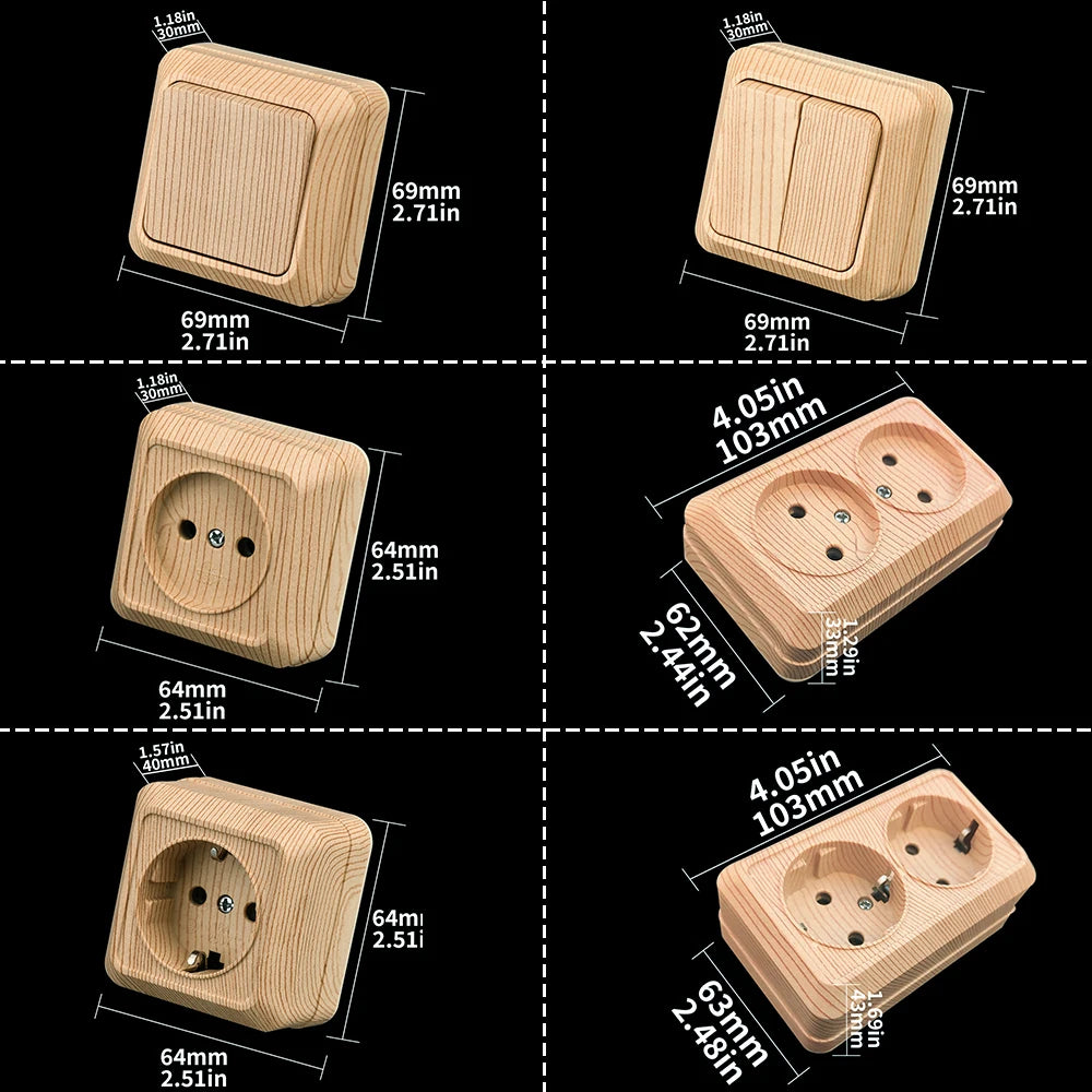 Wood Paint Wall Surface 2 Sockets Plugs EU Exterior Electrical Outlets With Ground Outdoor Power Socket Flame Retardant Plastic