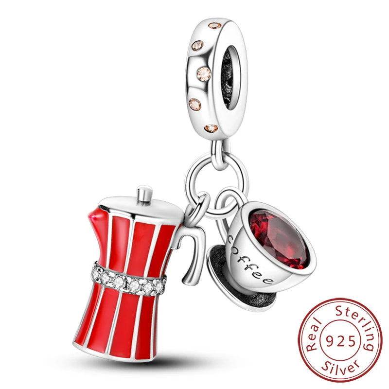Dijes de plata de ley 925 originales, abalorios de cristal de vino, taza de café, dije colgante para pulseras de mujer, joyería DIY, regalo