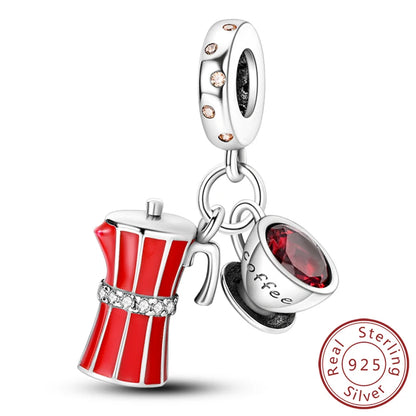 Dijes de plata de ley 925 originales, abalorios de cristal de vino, taza de café, dije colgante para pulseras de mujer, joyería DIY, regalo