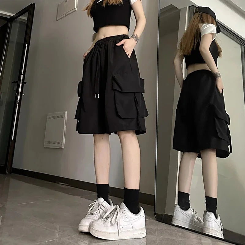 Women High Waist Cargo Shorts, American Style Streetwear, Summer Wide Leg Pants, Fashion Female Big Pocket Loose Shorts New, ZOKI