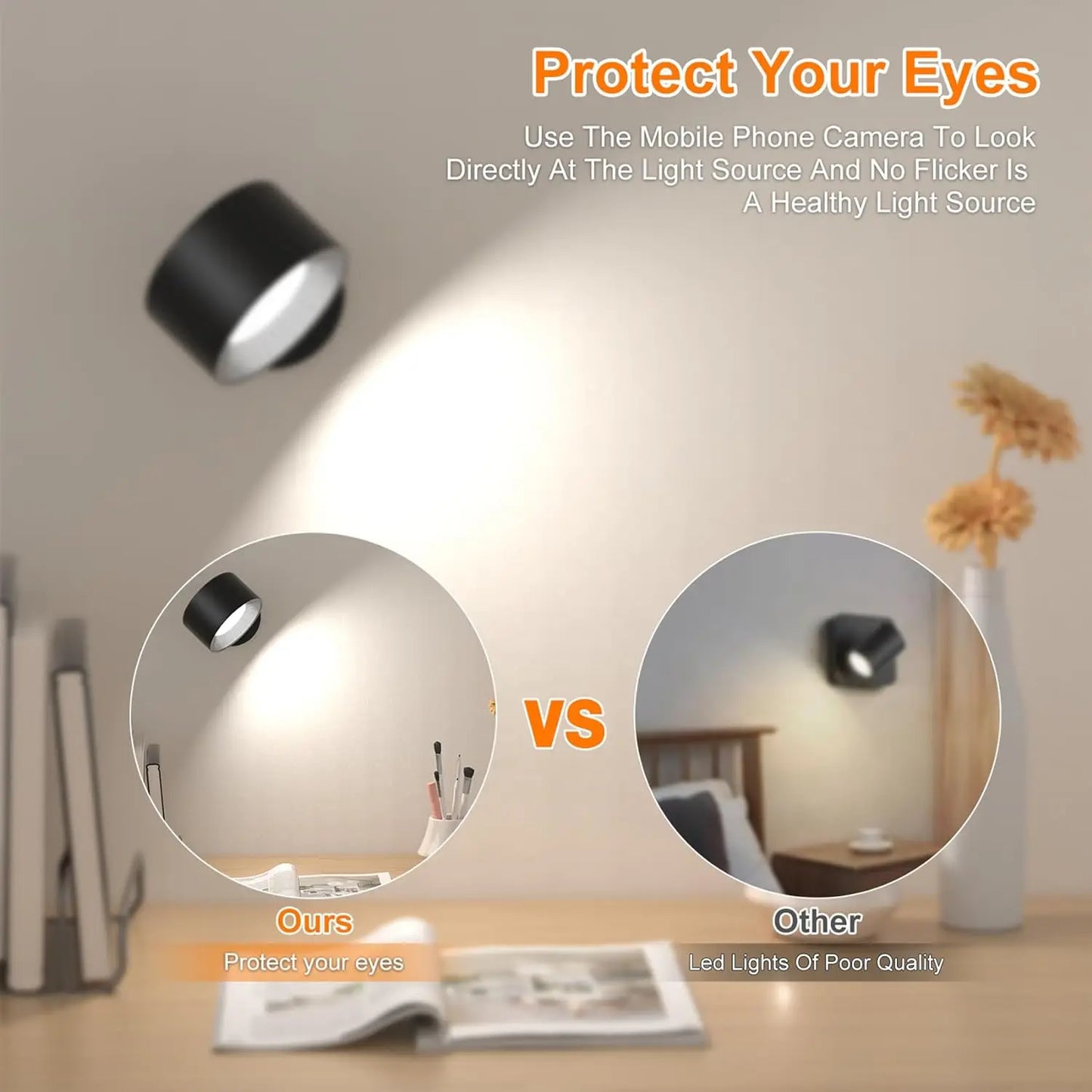 LED Wall Lights with Remote, Rechargeable Wall Mounted Reading Sconces Lamp 2000mAh, 3 Colors & Dimmable Magnetic 360° Rotation