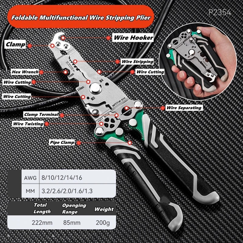 Multifunctional Wire Stripper with Electrical Test Pen, Foldable Cable Cutter, Crimper Tool, Electrical Folding Pliers for Cutting