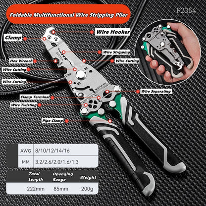 Multifunctional Wire Stripper with Electrical Test Pen, Foldable Cable Cutter, Crimper Tool, Electrical Folding Pliers for Cutting