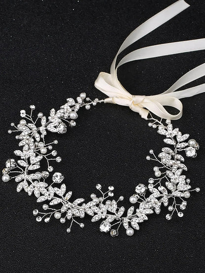 New Crystal Rhinestone Flower Headband, Ribbon Bow Hairband for Bride, Wedding Hair Accessories, Pearl Head Flower Headbands, Women Headwear