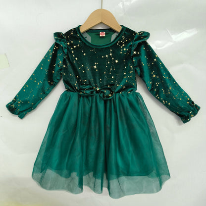 Girl's Autumn Winter Velvet Long-Sleeved Mesh Bow Princess Dress - New Year Children's Party Festive Dress