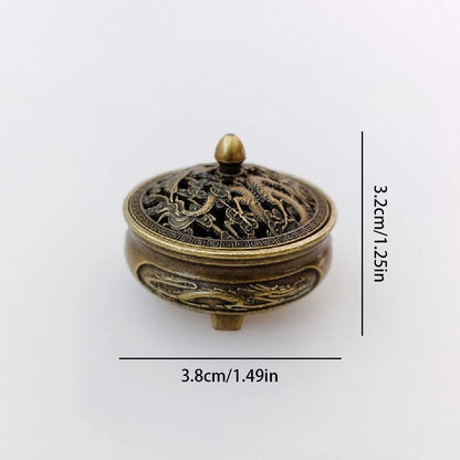 Antique brass pocket mini hollow incense burner, ancient Chinese tea table decoration, dragon and phoenix incense burner
