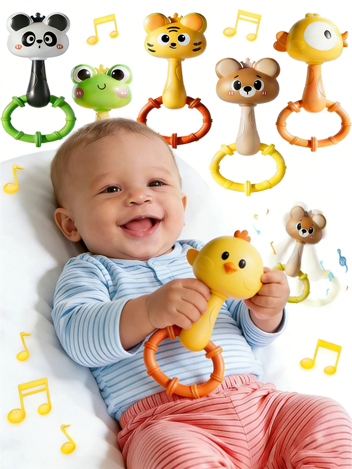 Animal Rattle Handbell, Infant Developmental Hand Grip Baby Toys, Cute Animal with Sound for Newborn Teether Gift Handbell