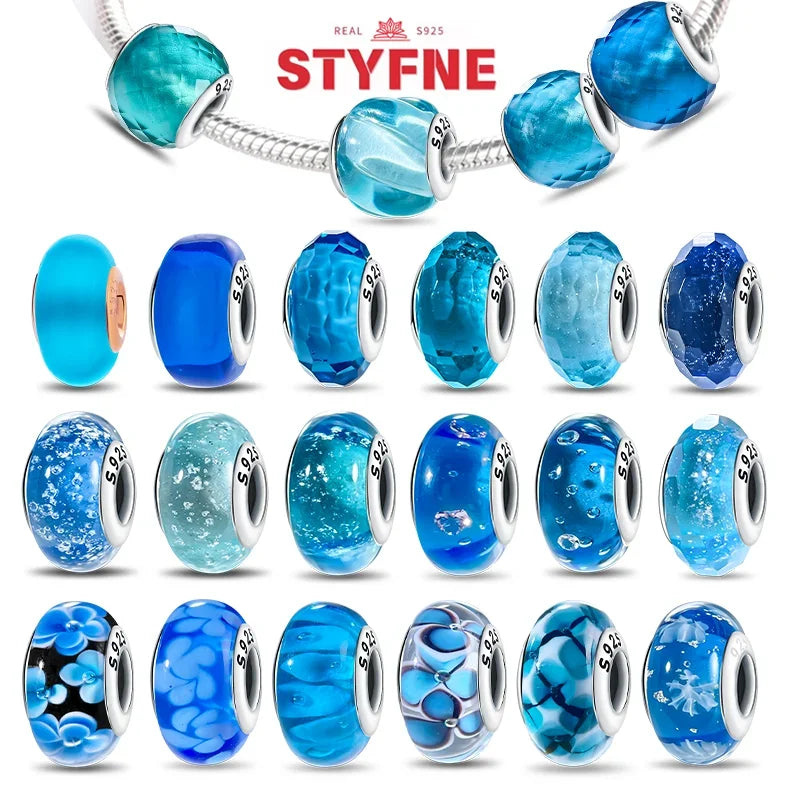 925 Sterling Silver Blue Series Crystal Enamel Murano Charm Bead Fits Original Bracelet for Women DIY Fine Jewelry Gifts
