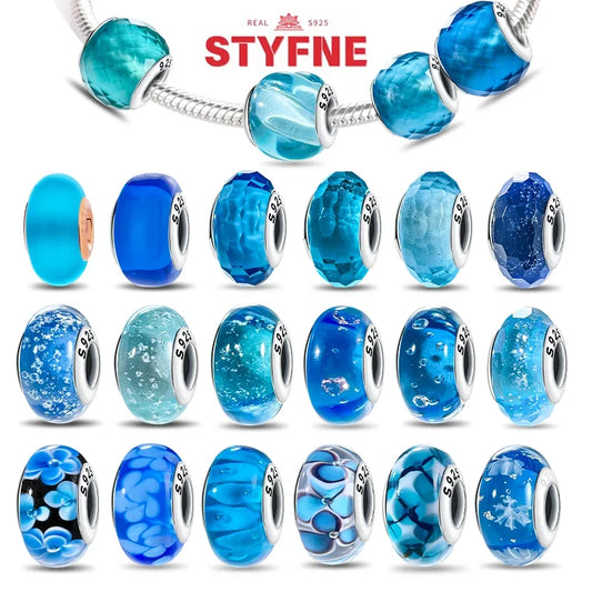 925 Sterling Silver Blue Series Crystal Enamel Murano Charm Bead Fits Original Bracelet for Women DIY Fine Jewelry Gifts