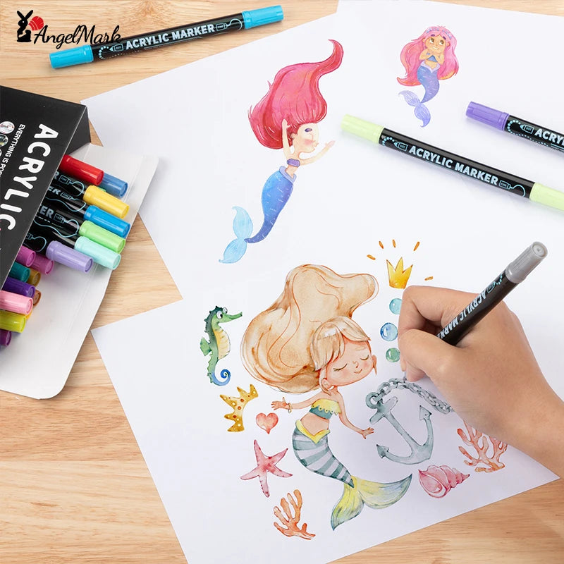 Acrylic Marker Pen, Double Headed Waterproof Art Painting Supplies, School Stationary, Graffiti Drawing 12-72 Colors, ANGEL MARK