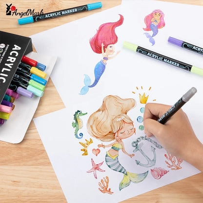 Acrylic Marker Pen, Double Headed Waterproof Art Painting Supplies, School Stationary, Graffiti Drawing 12-72 Colors, ANGEL MARK