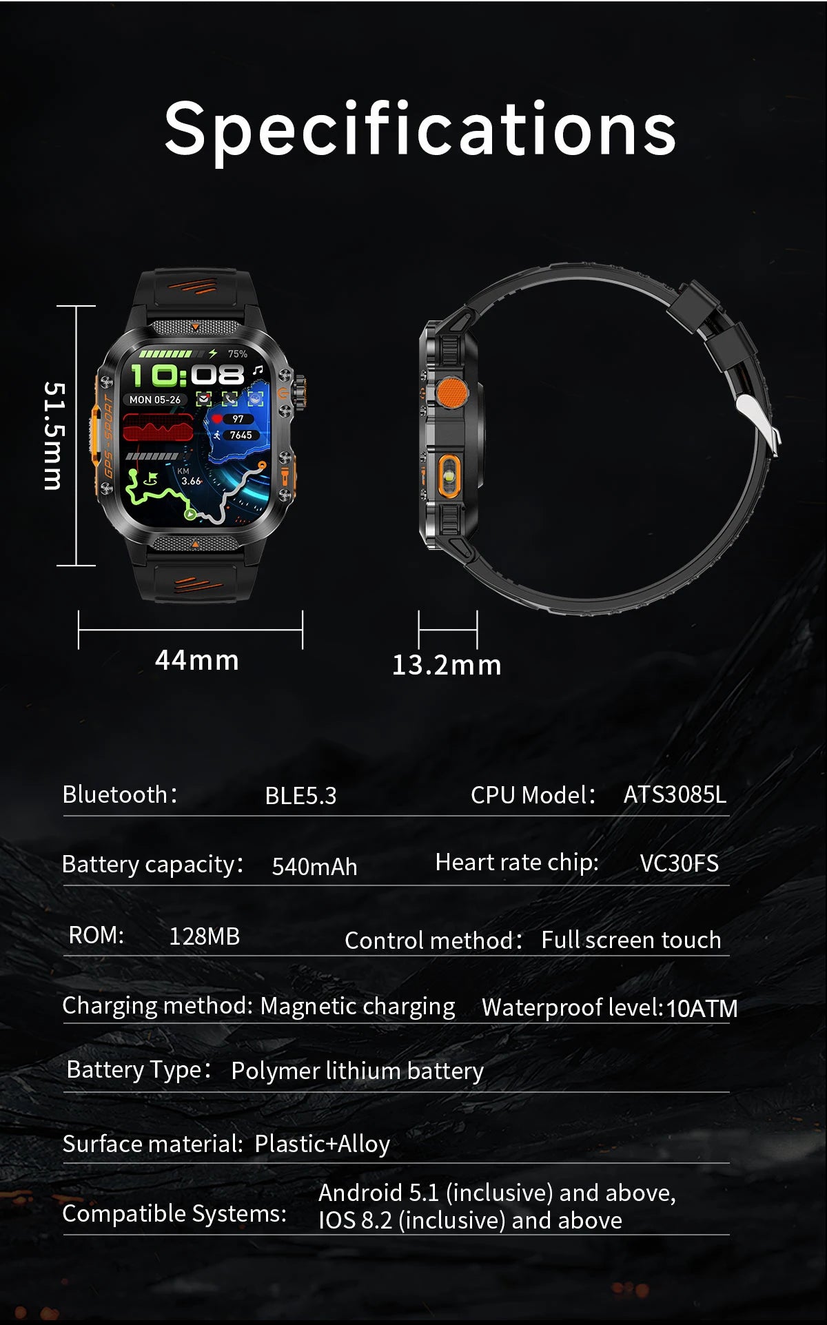 2025New GPS Smart Watch For Xiaomi IOS Military Compass Flashlight Smartwatch Men 10ATM Waterproof 100+Sport Modes BT Call Watch
