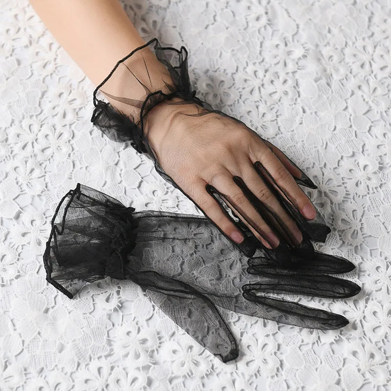Retro Spring Summer Women Short Tulle Gloves White Black Wedding Gloves Stretchy Lace Full Finger Mittens Mesh Translucent Glove