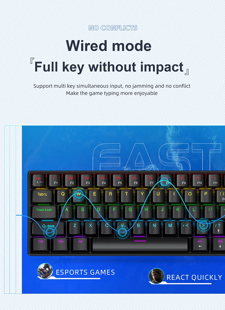 60% Portable Wired Mini Mechanical Keyboard, APAYADO K61 Mini Wired Keyboard, 61 Keys Phantom RGB, Black, White, Red, Red/Blue Switch