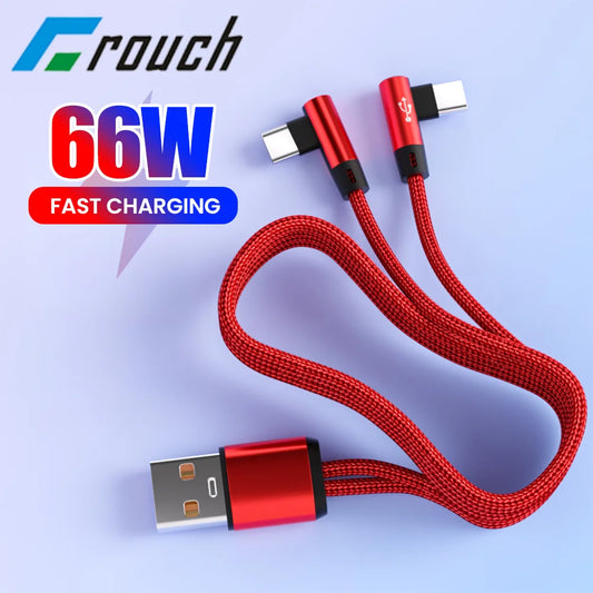 2 In 1 USB Cable To Type C Elbow 90 Degree USB C Cable 66W Fast Charging Data Micro USB Phone Cable For iPhone Android Gaming