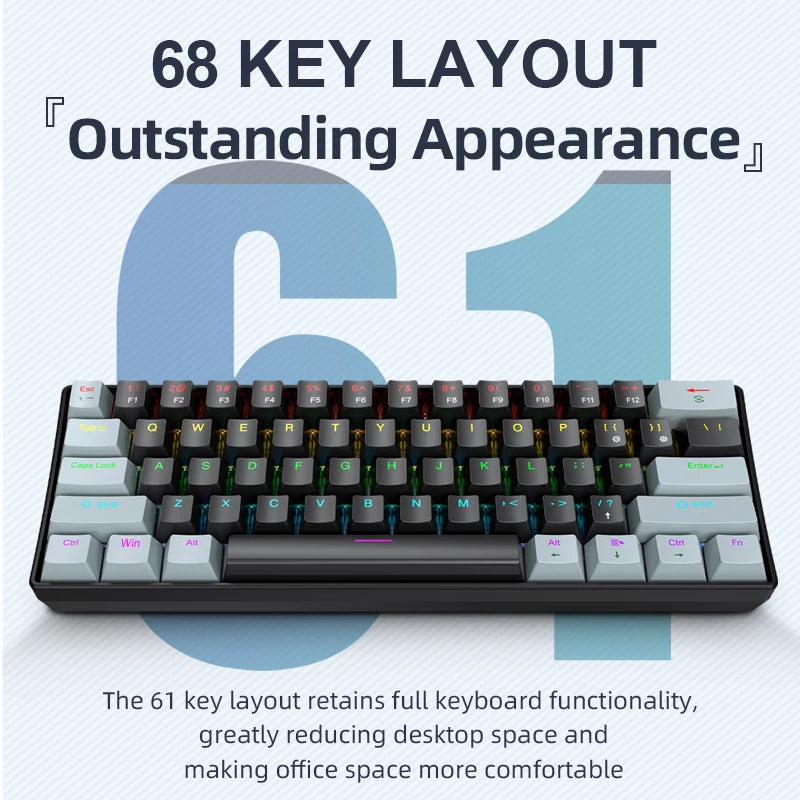 APAYADO K61 Mini Mechanical Keyboard, Wired, 61 Keys, Phantom RGB, Black/White Red/Blue Mechanical Switch for Gaming, 60% Portable