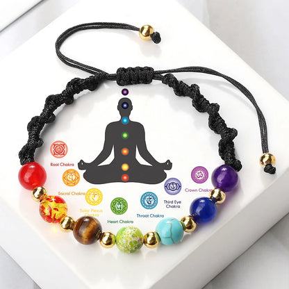 Reiki 7 Chakra Bracelet, Natural Stone Rope, Braided Yoga Healing Gold Color Copper Beads Bracelets & Bangles Meditation Jewelry