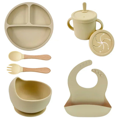 Food Grade Silicone Child Dish Set Baby Feeding Bowl Suction Plate Straw Cup Wooden Spoon Fork for Kids Tableware Toddler Dishes